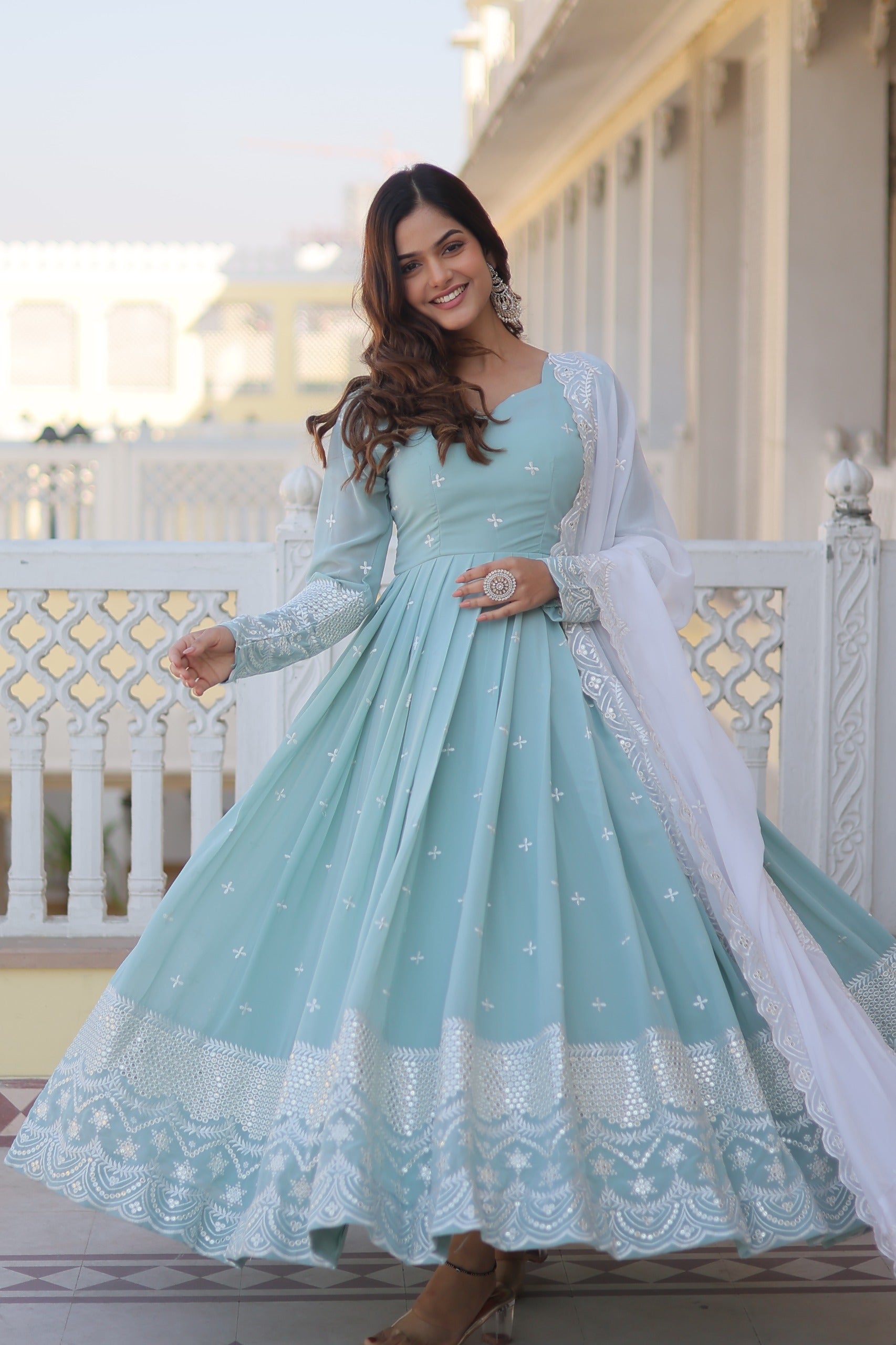 Sky Blue Color Georgette Gown With 13 Meter Big Flair and Embroidery Work in  USA, UK, Malaysia, South Africa, Dubai, Singapore